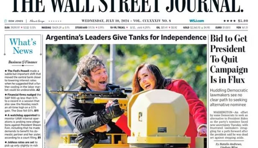 La foto de Milei y Villarruel subidos a un tanque militar llegó a la tapa de The Wall Street Journal